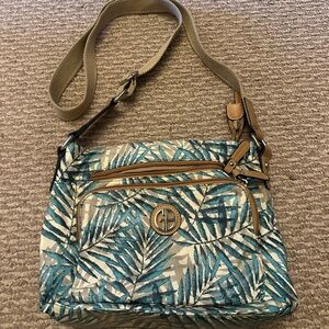 Green/Teal Tropical Leaf Crossbody Bag with Tan Trim